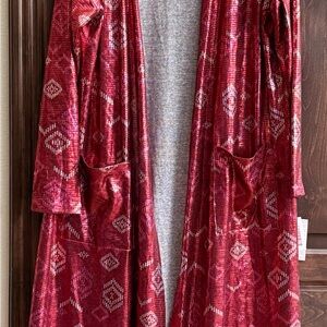 NWT LuLaRoe Elegant Shiny Burgundy and Silver Duster/Open Cardigan  LARGE